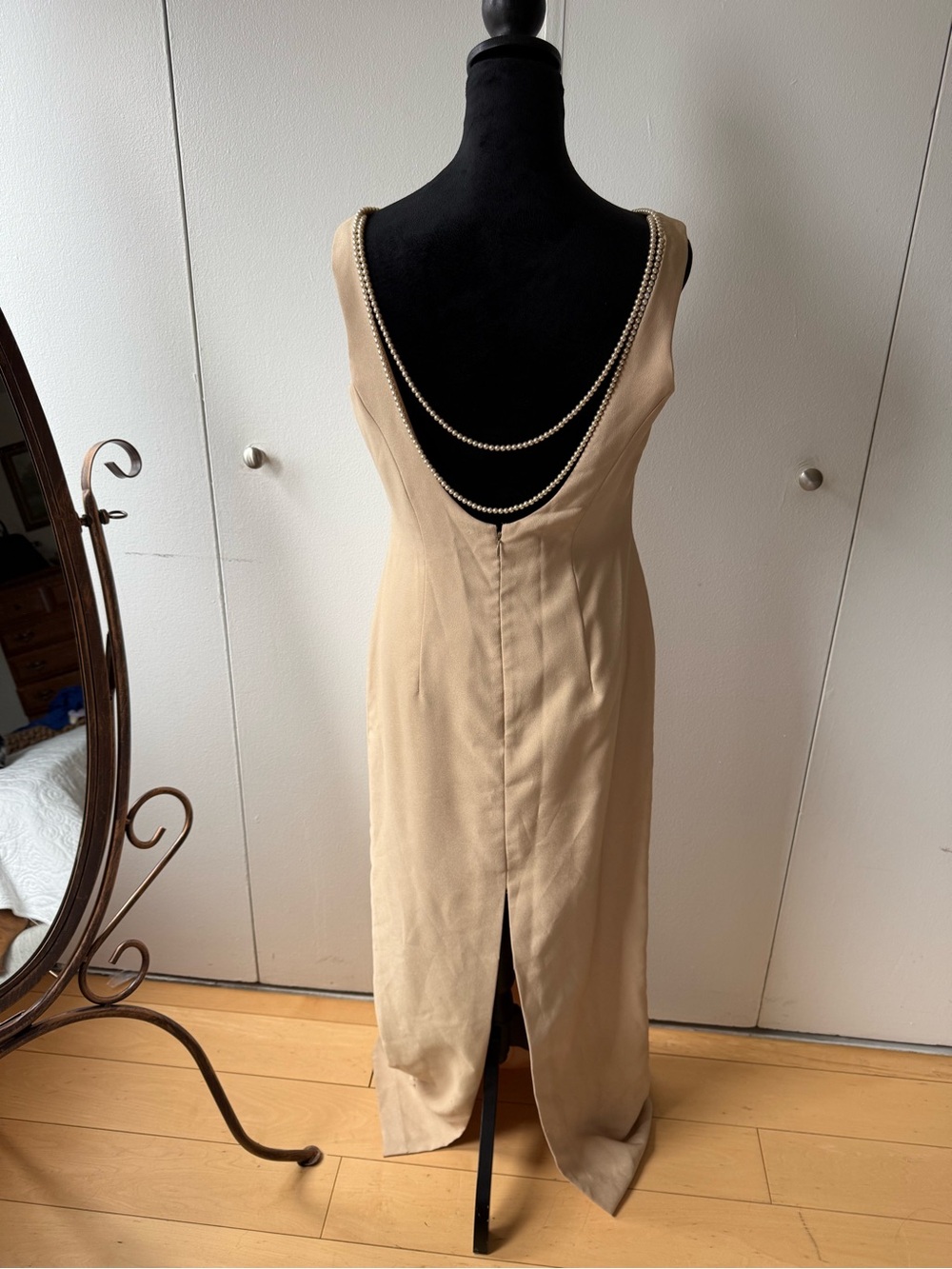 Watters & Watters Beige Backless Dress with Pearl Back Drape